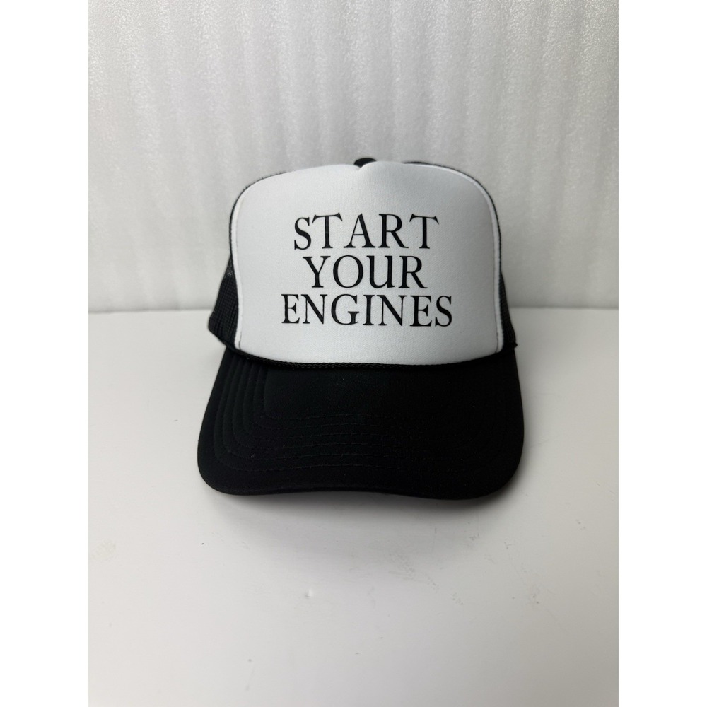 Vintage Nascar Racing Style Start Your Engines Trucker Hat Cap Black and White